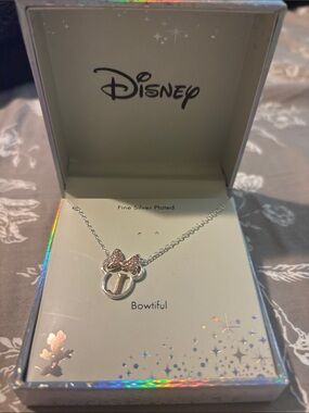 Disney Silver Plated Minnie Pendant Necklace with Pink Bow-letter J brand new
